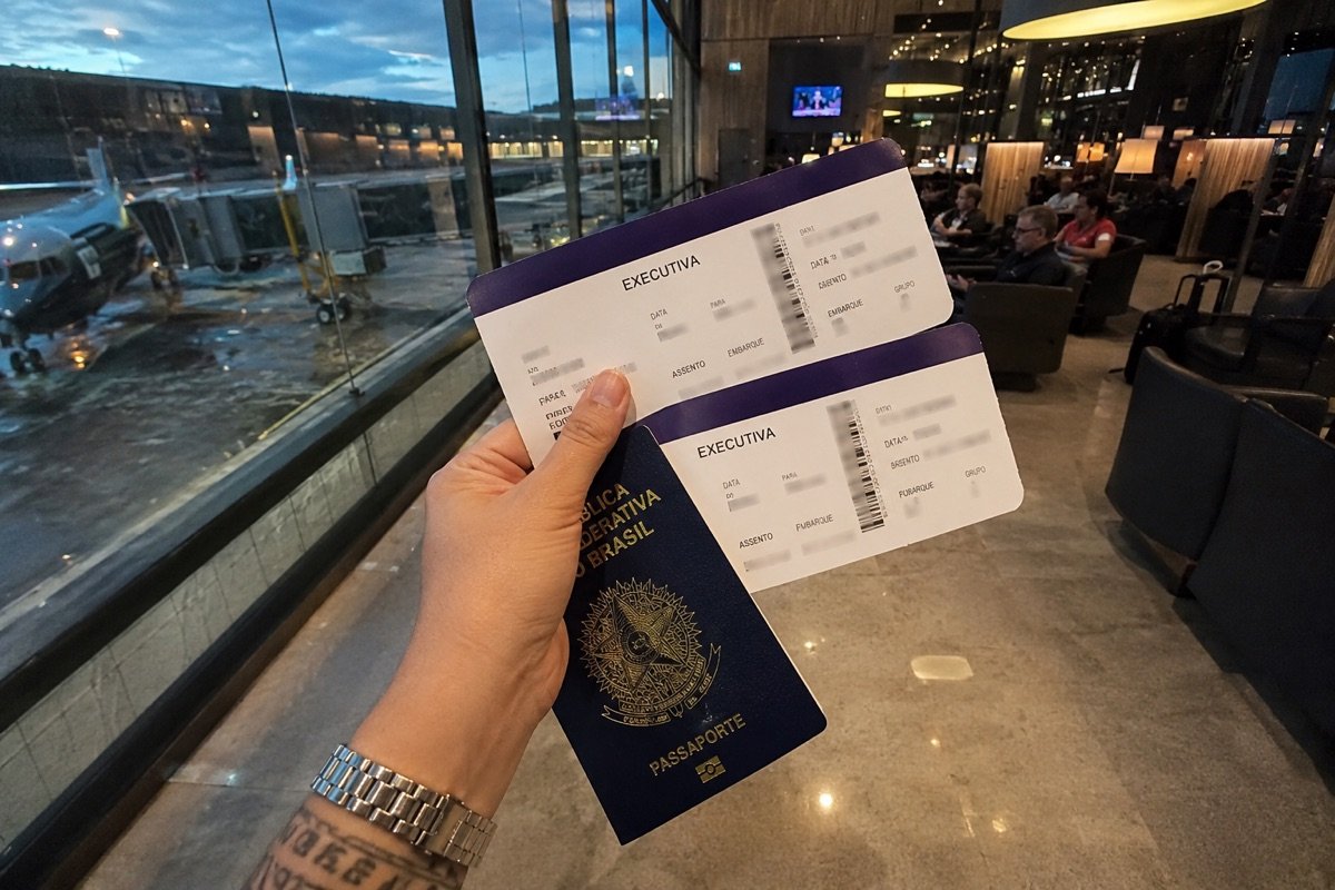 Duas passagens em classe executiva e um passaporte brasileiro na mão, na sala de embarque